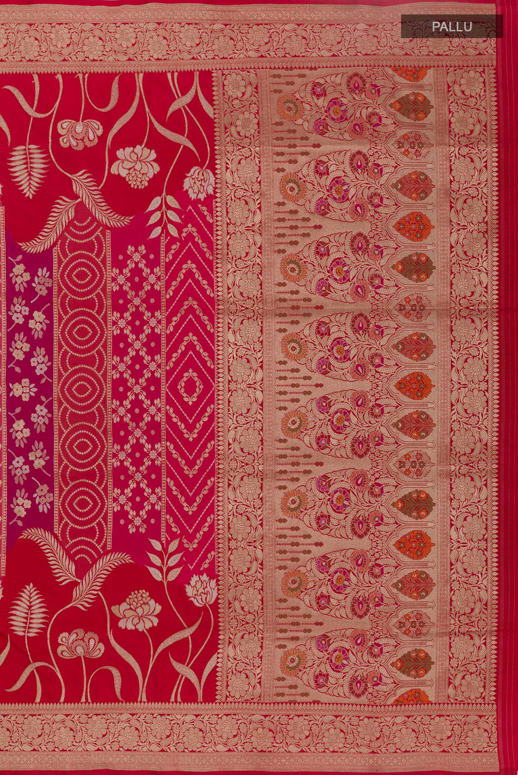 Close up image of the pallu of Red Banarasi Silk Saree with Zari Brocade on the body and Zari Border. 