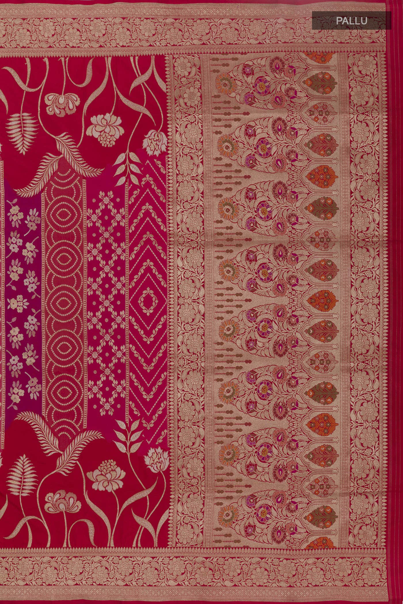 Close up image of the pallu of Red Banarasi Silk Saree with Zari Brocade on the body and Zari Border. 