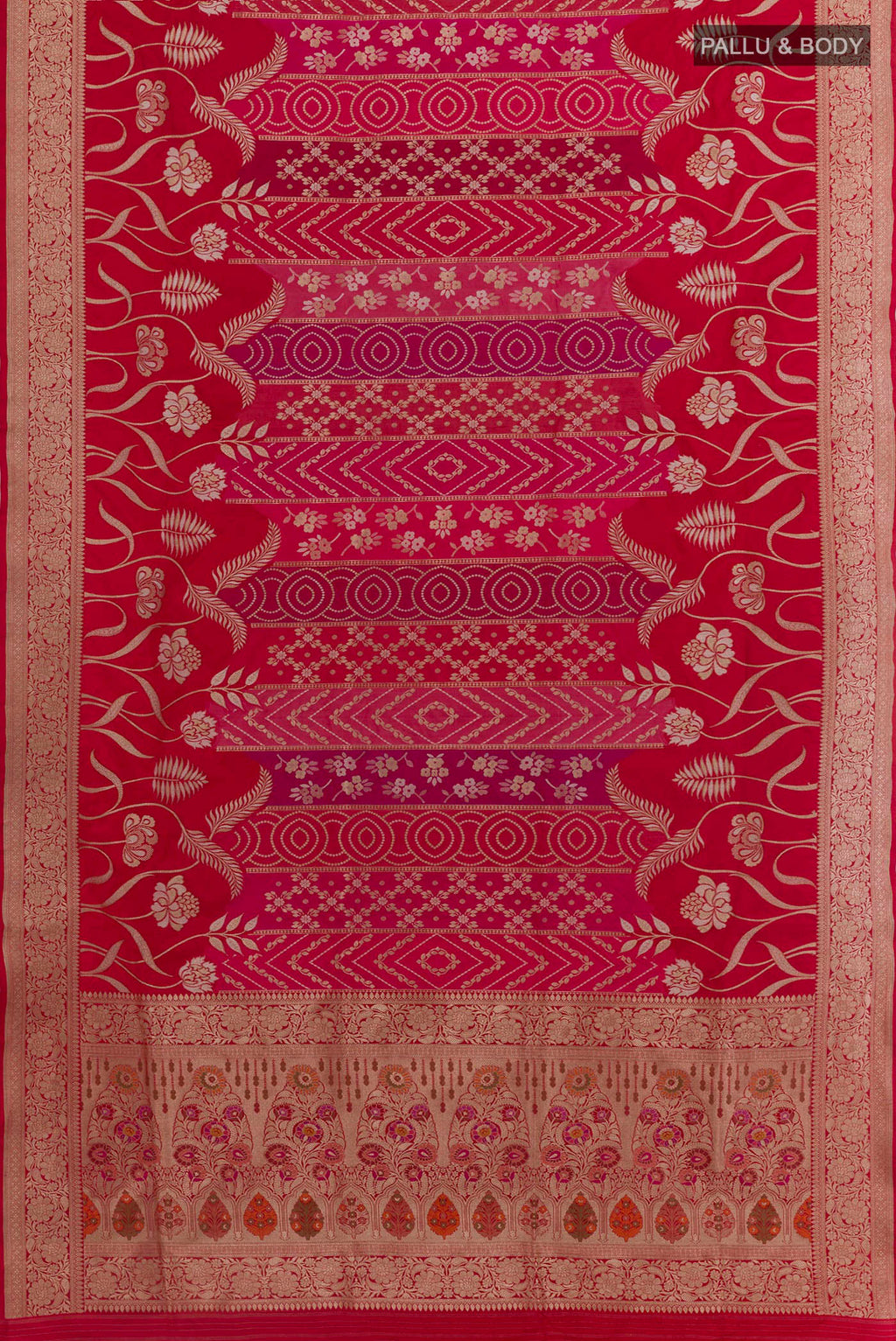 Flat view of Red Banarasi Silk Saree with Zari Brocade on the body and Zari Border. 
