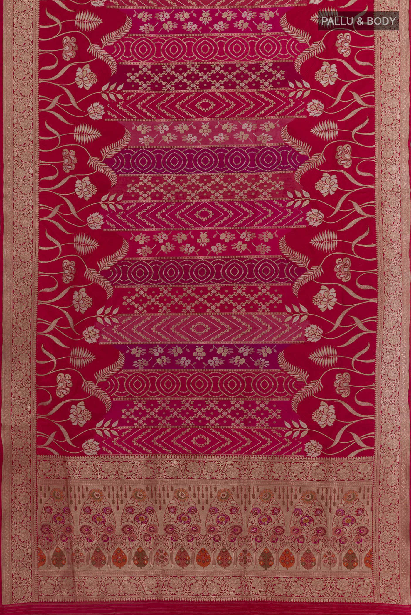 Flat view of Red Banarasi Silk Saree with Zari Brocade on the body and Zari Border. 