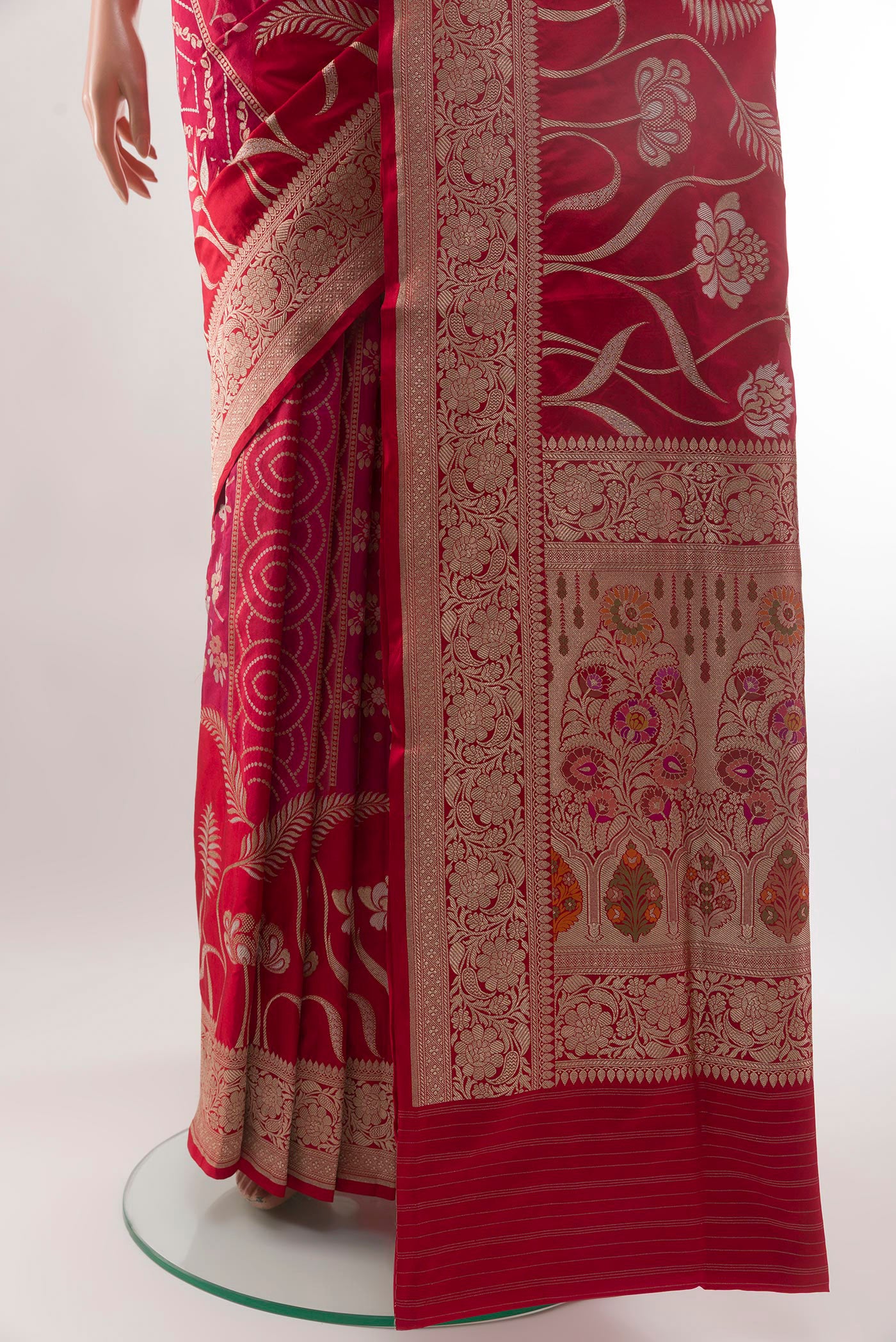 Pleats and pallu of Red Banarasi Silk Saree with Zari Brocade on the body and Zari Border. 