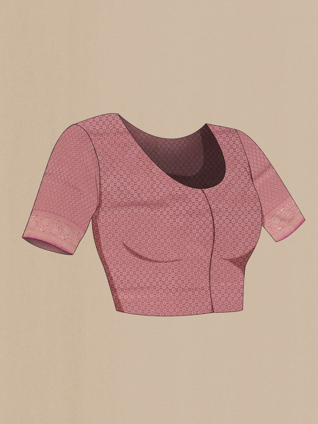 Close up image of the blouse of Pink Banarasi Silk Saree with Zari Brocade on the body and Zari Border. 