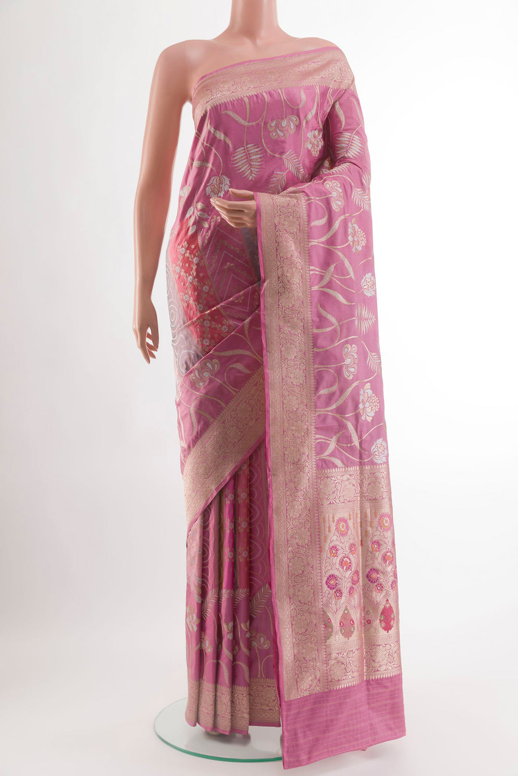 Pink Banarasi Silk Saree with Zari Brocade on the body and Zari Border.  displayed on a mannequin
