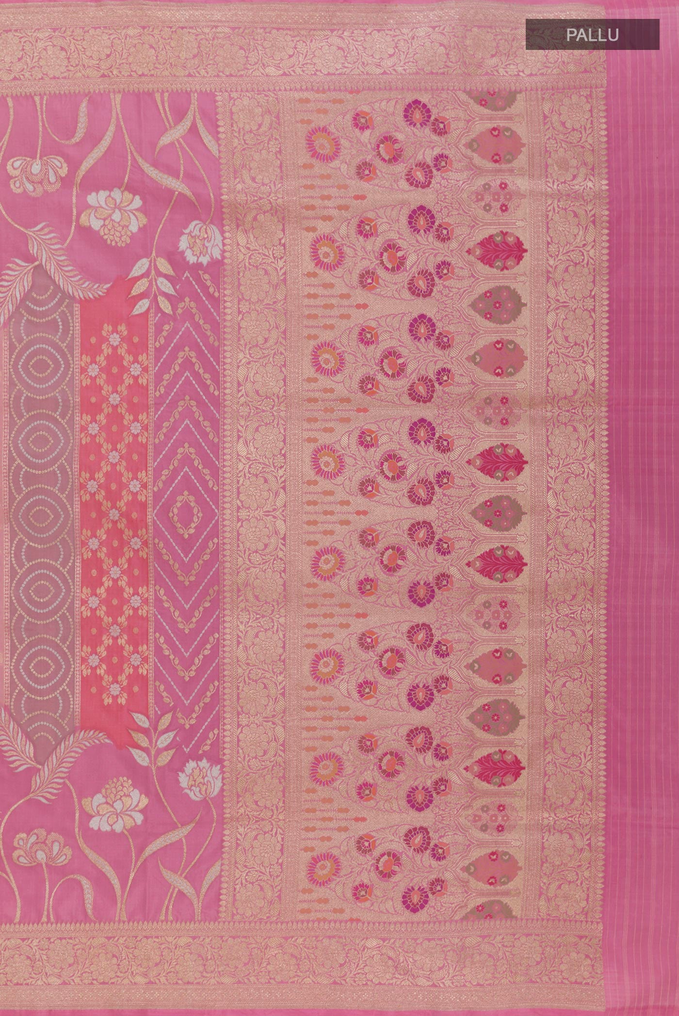 Close up image of the pallu of Pink Banarasi Silk Saree with Zari Brocade on the body and Zari Border. 