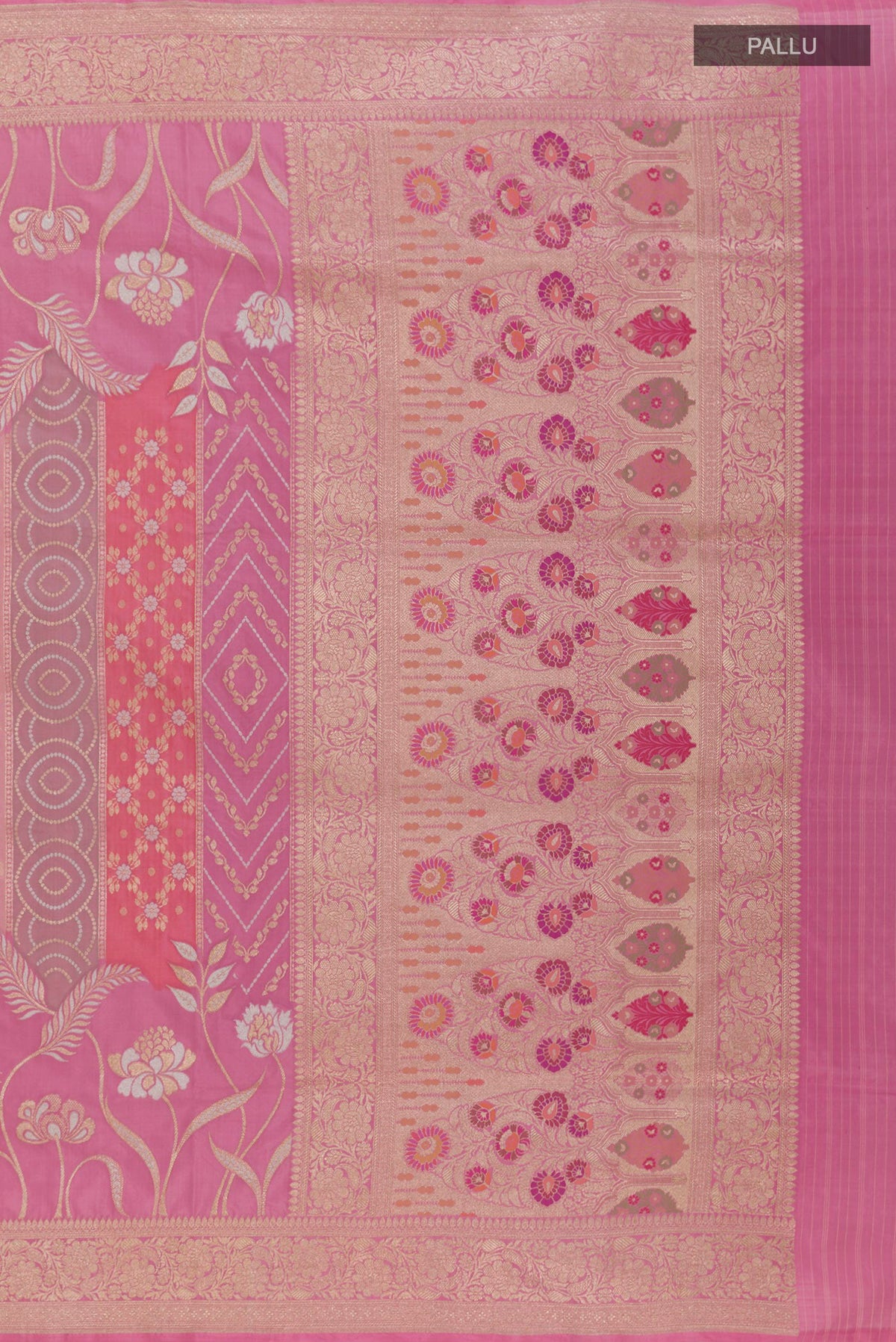 Close up image of the pallu of Pink Banarasi Silk Saree with Zari Brocade on the body and Zari Border. 