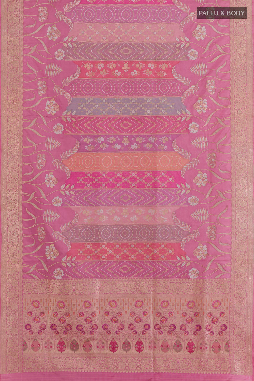 Flat view of Pink Banarasi Silk Saree with Zari Brocade on the body and Zari Border. 