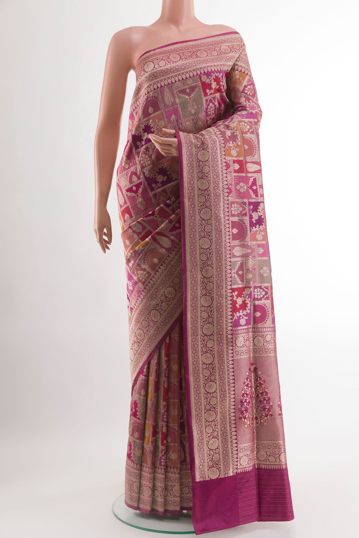 Multi Color Banarasi Silk Saree with Zari Brocade on the body and Zari Border.  displayed on a mannequin
