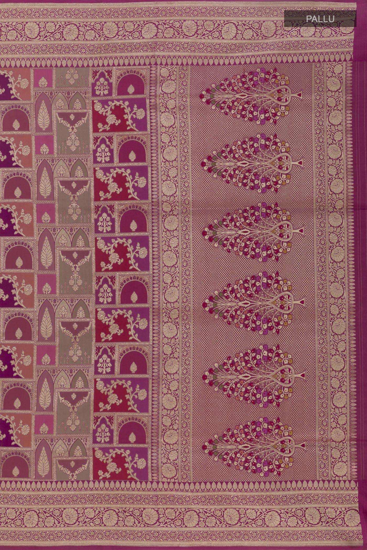 Close up image of the pallu of Multi Color Banarasi Silk Saree with Zari Brocade on the body and Zari Border. 