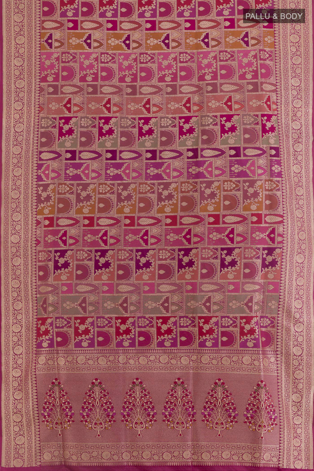 Flat view of Multi Color Banarasi Silk Saree with Zari Brocade on the body and Zari Border. 