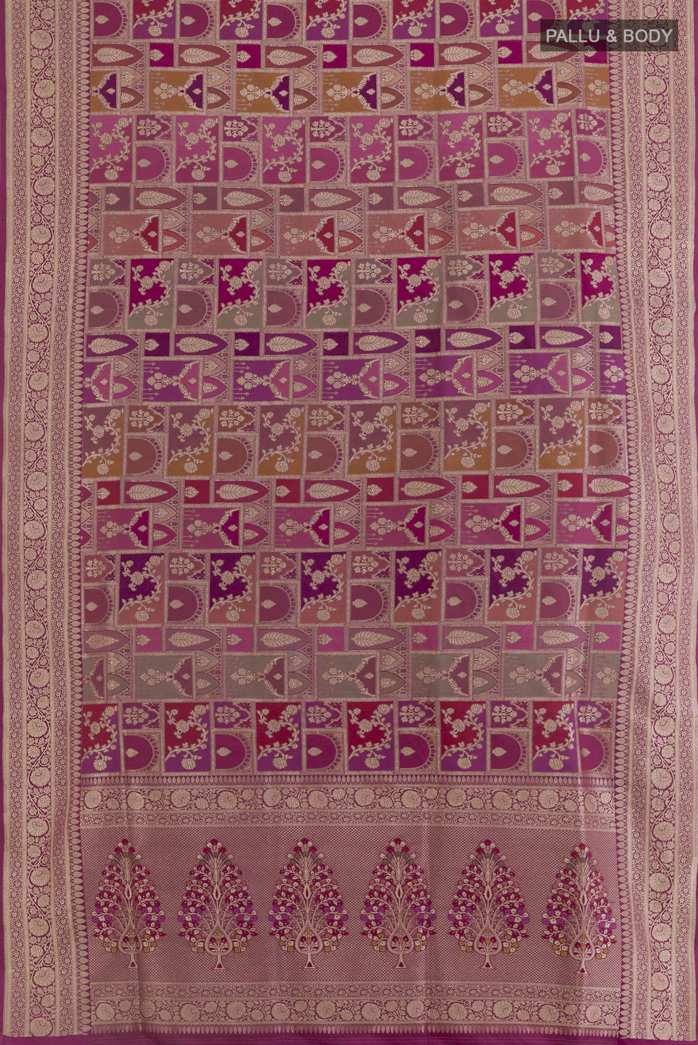 Flat view of Multi Color Banarasi Silk Saree with Zari Brocade on the body and Zari Border. 