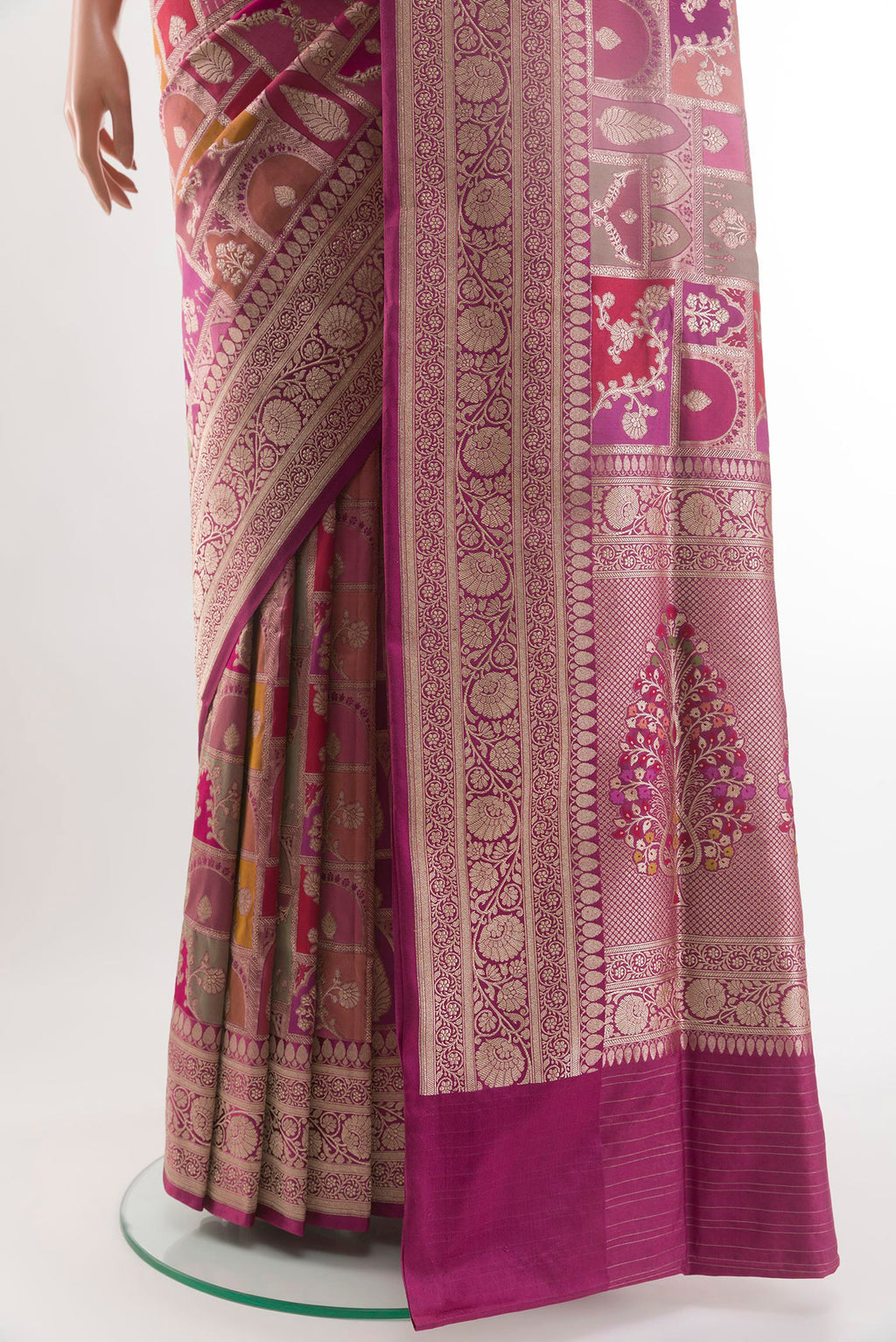 Pleats and pallu of Multi Color Banarasi Silk Saree with Zari Brocade on the body and Zari Border. 