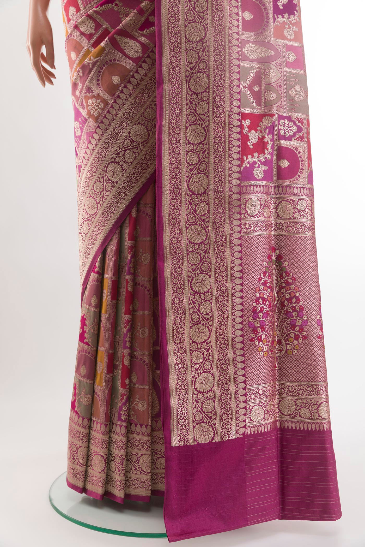 Pleats and pallu of Multi Color Banarasi Silk Saree with Zari Brocade on the body and Zari Border. 