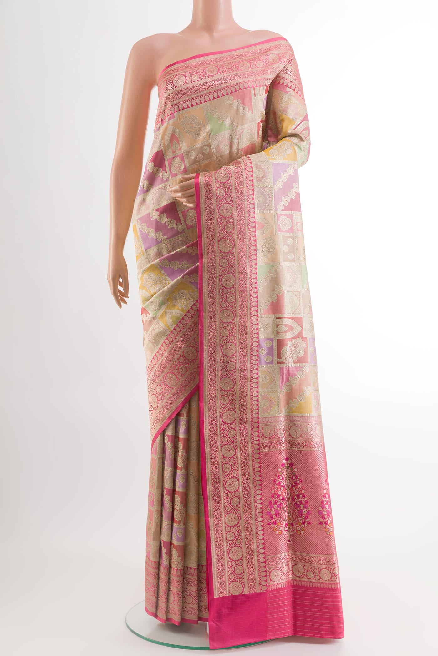 Multi Color Banarasi Silk Saree with Zari Brocade on the body and Zari Border.  displayed on a mannequin