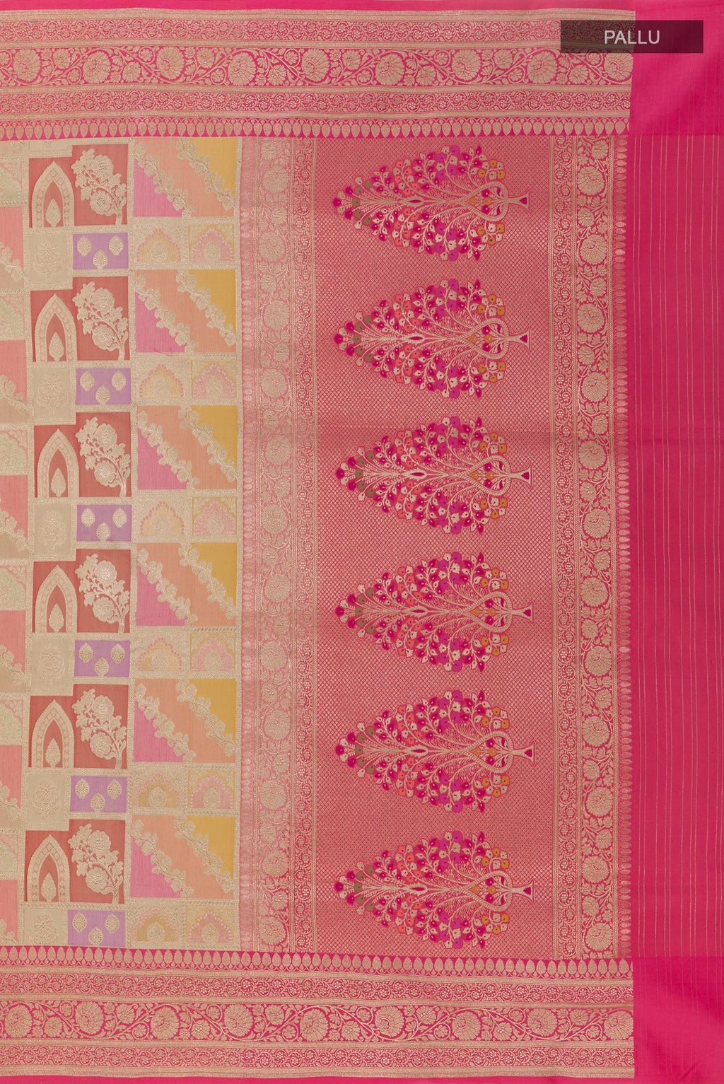 Close up image of the pallu of Multi Color Banarasi Silk Saree with Zari Brocade on the body and Zari Border. 