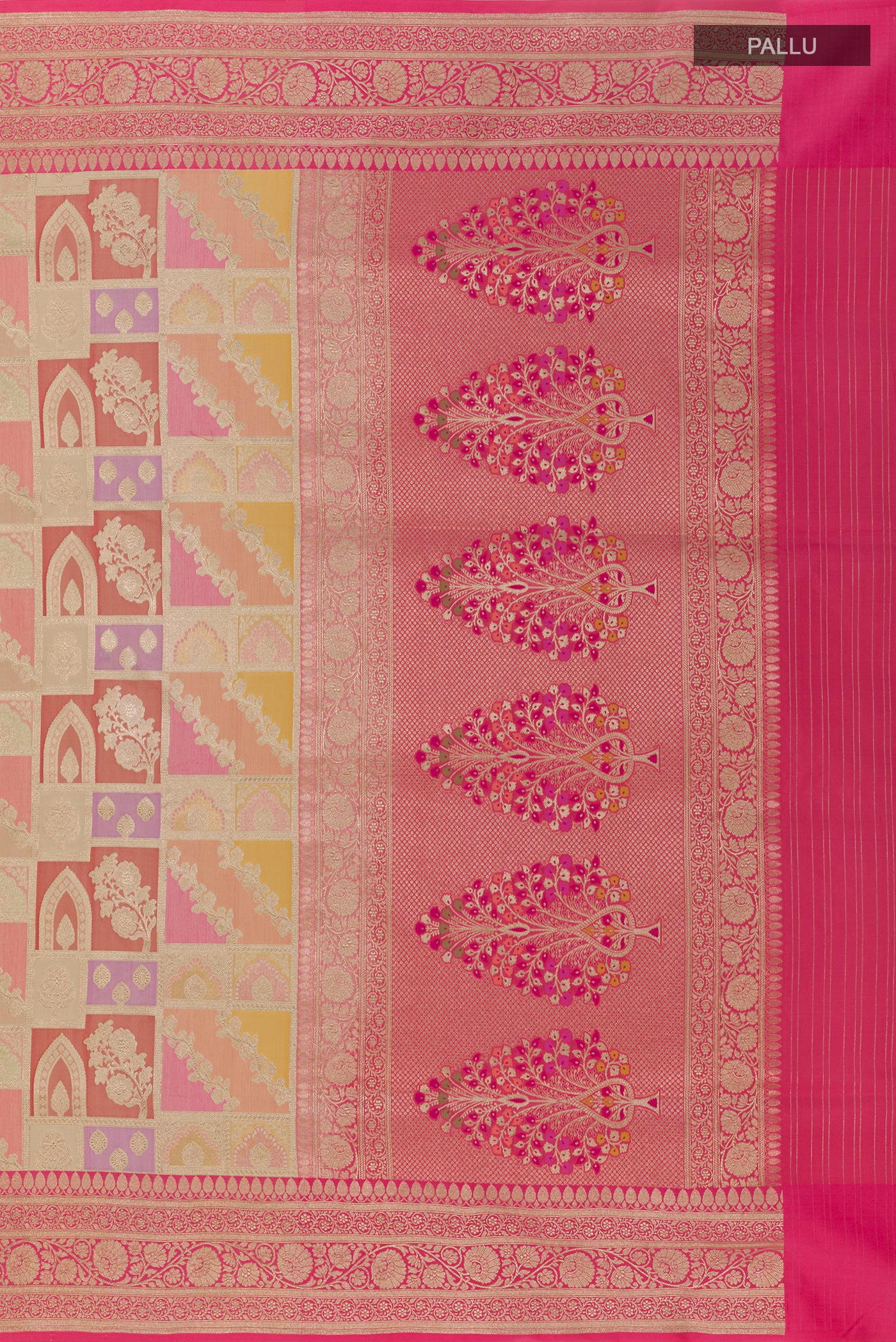 Close up image of the pallu of Multi Color Banarasi Silk Saree with Zari Brocade on the body and Zari Border. 