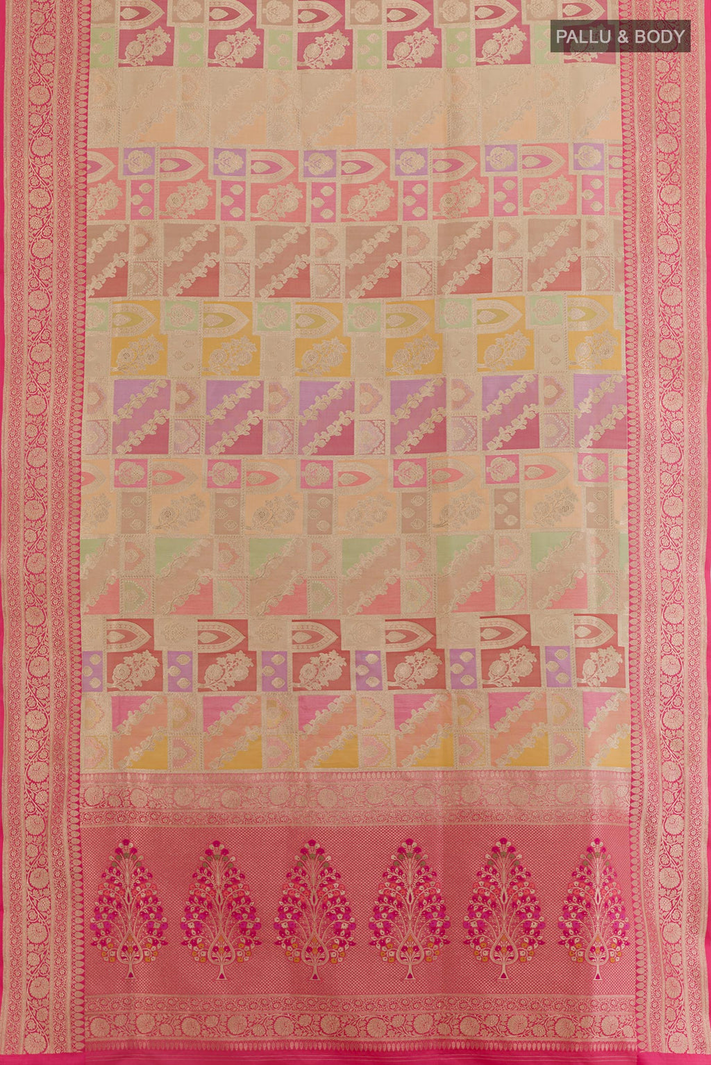 Flat view of Multi Color Banarasi Silk Saree with Zari Brocade on the body and Zari Border. 