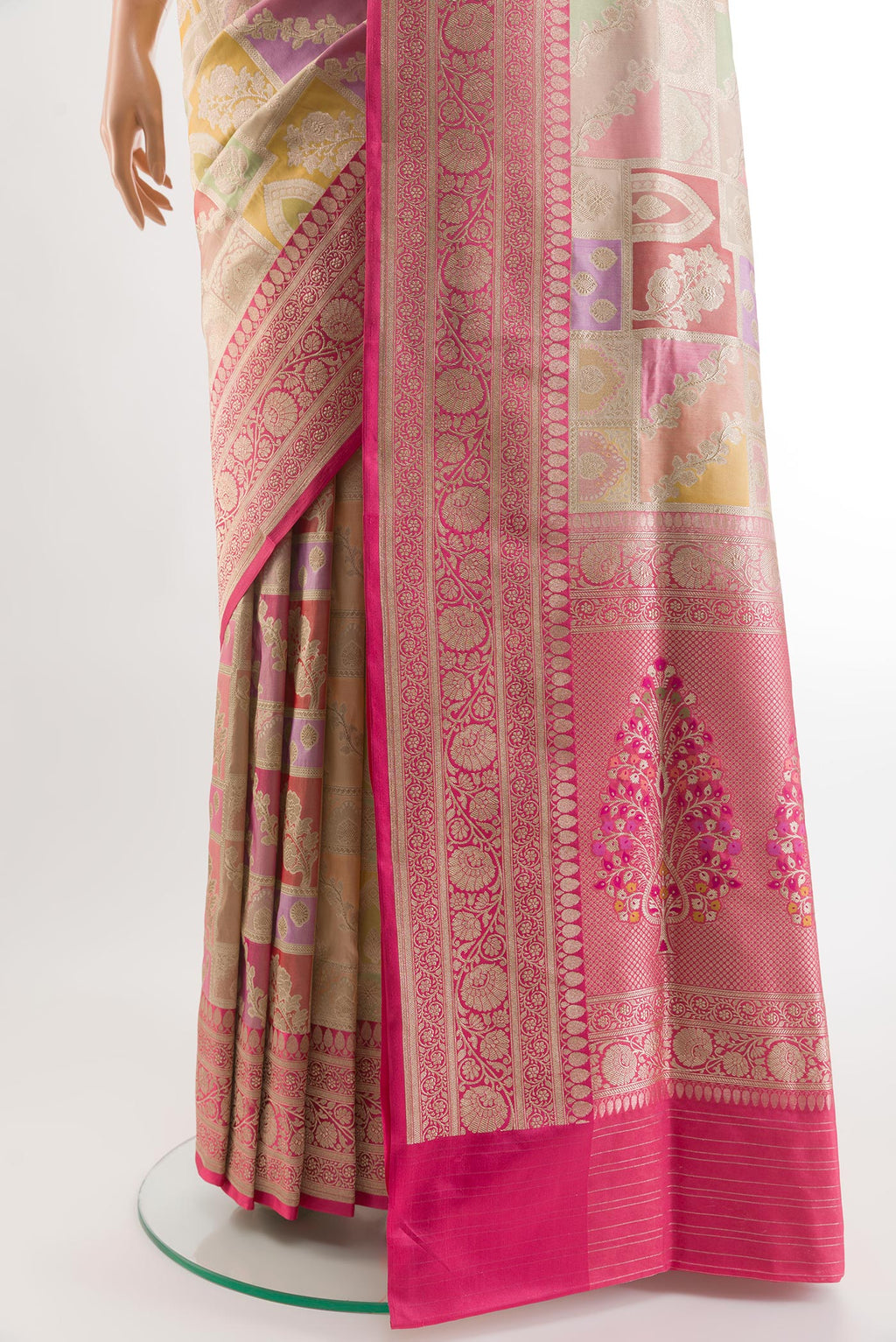 Pleats and pallu of Multi Color Banarasi Silk Saree with Zari Brocade on the body and Zari Border. 