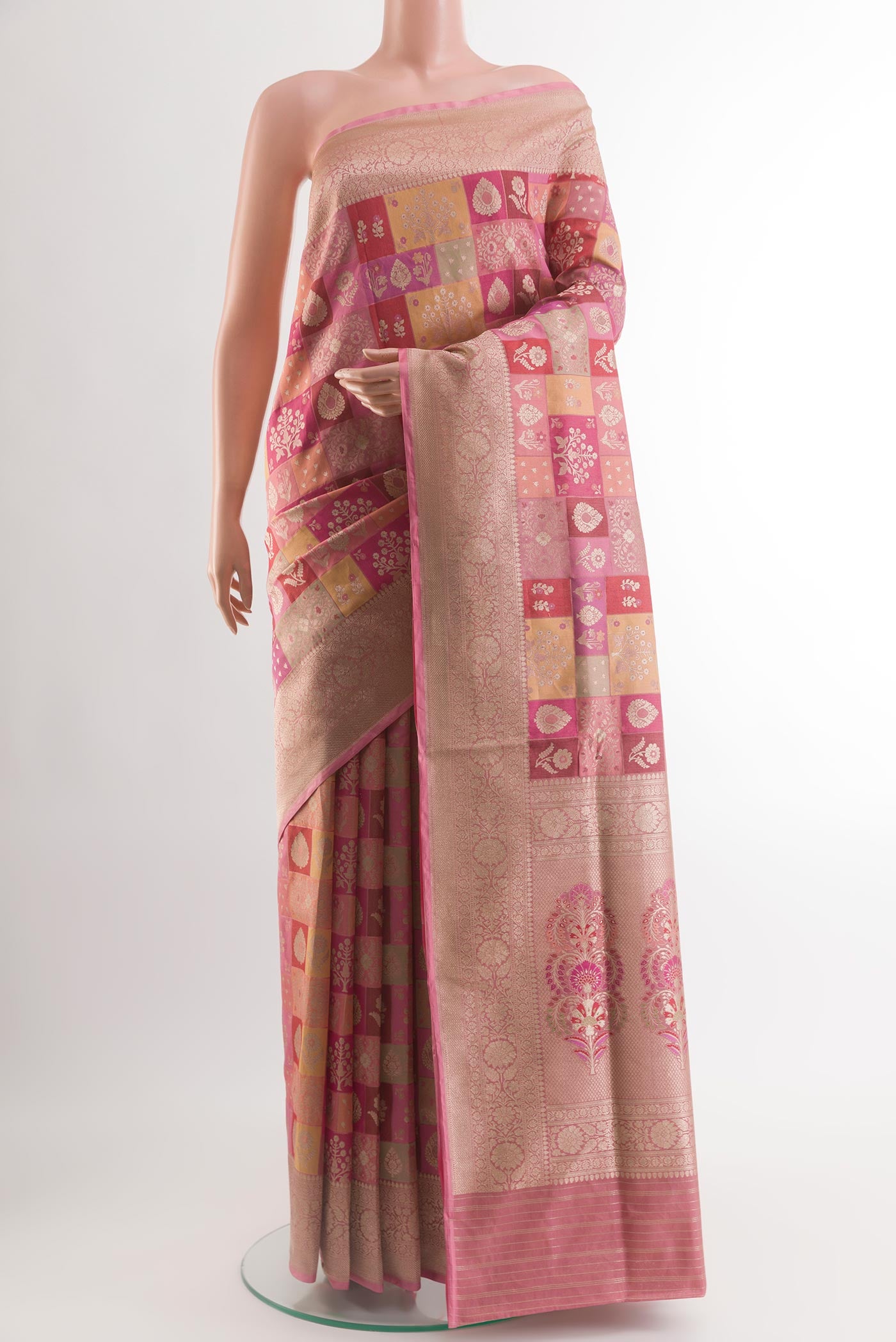 Multi Color Banarasi Silk Saree with Zari Brocade on the body and Zari Border.  displayed on a mannequin