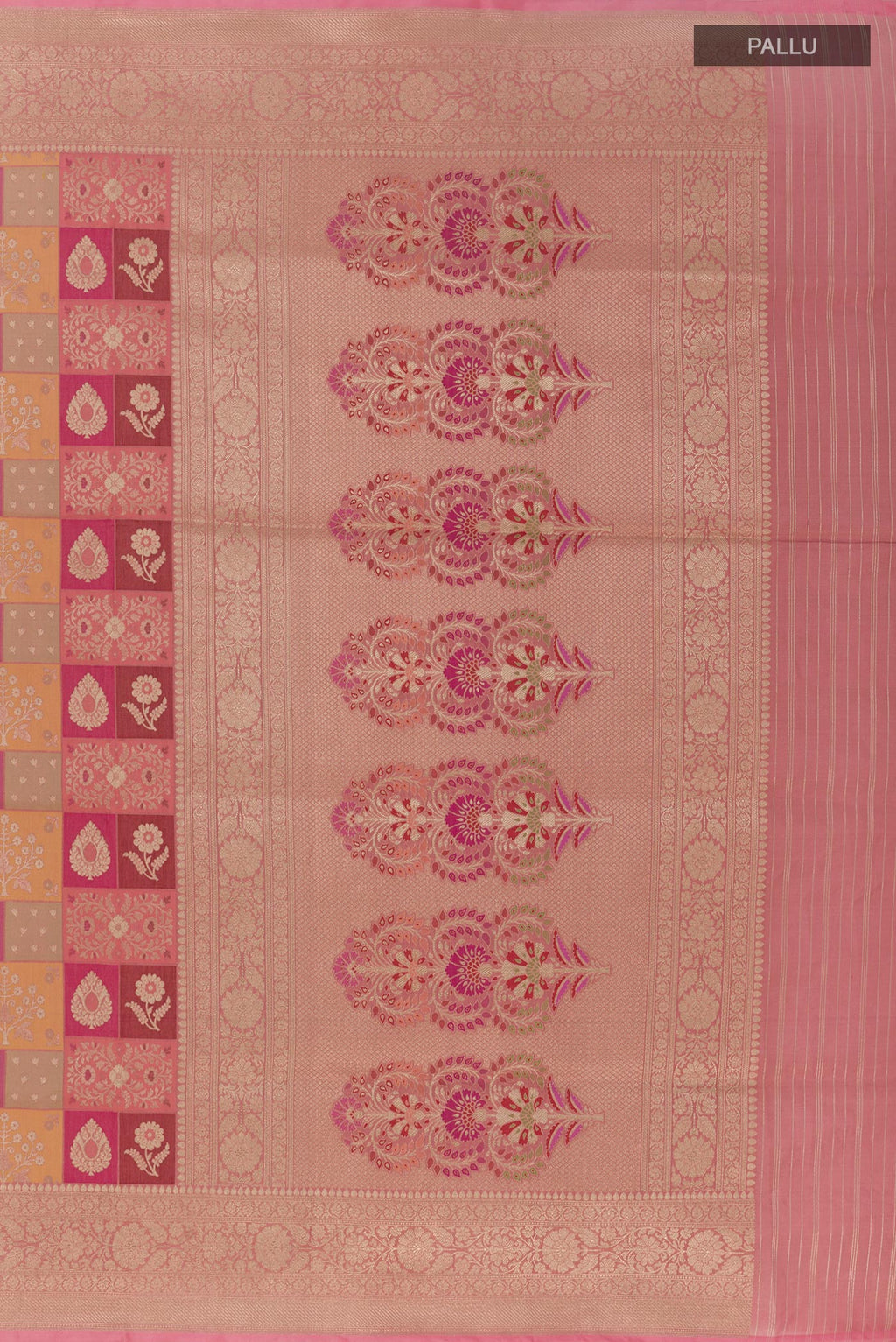 Close up image of the pallu of Multi Color Banarasi Silk Saree with Zari Brocade on the body and Zari Border. 