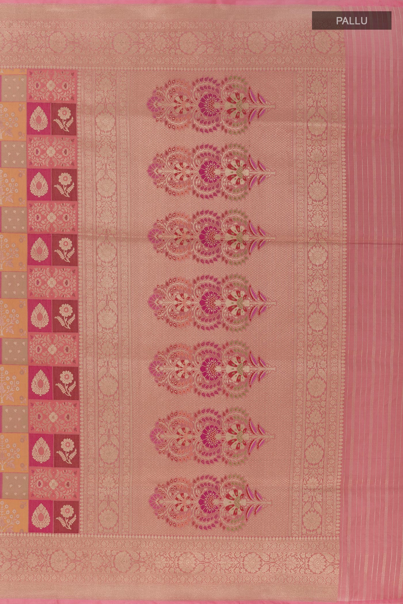 Close up image of the pallu of Multi Color Banarasi Silk Saree with Zari Brocade on the body and Zari Border. 