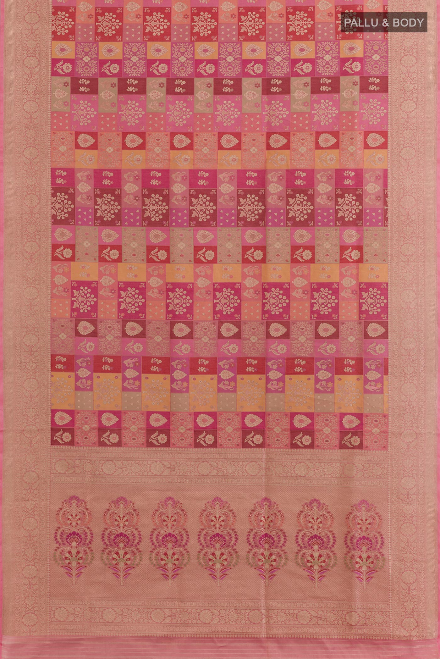 Flat view of Multi Color Banarasi Silk Saree with Zari Brocade on the body and Zari Border. 