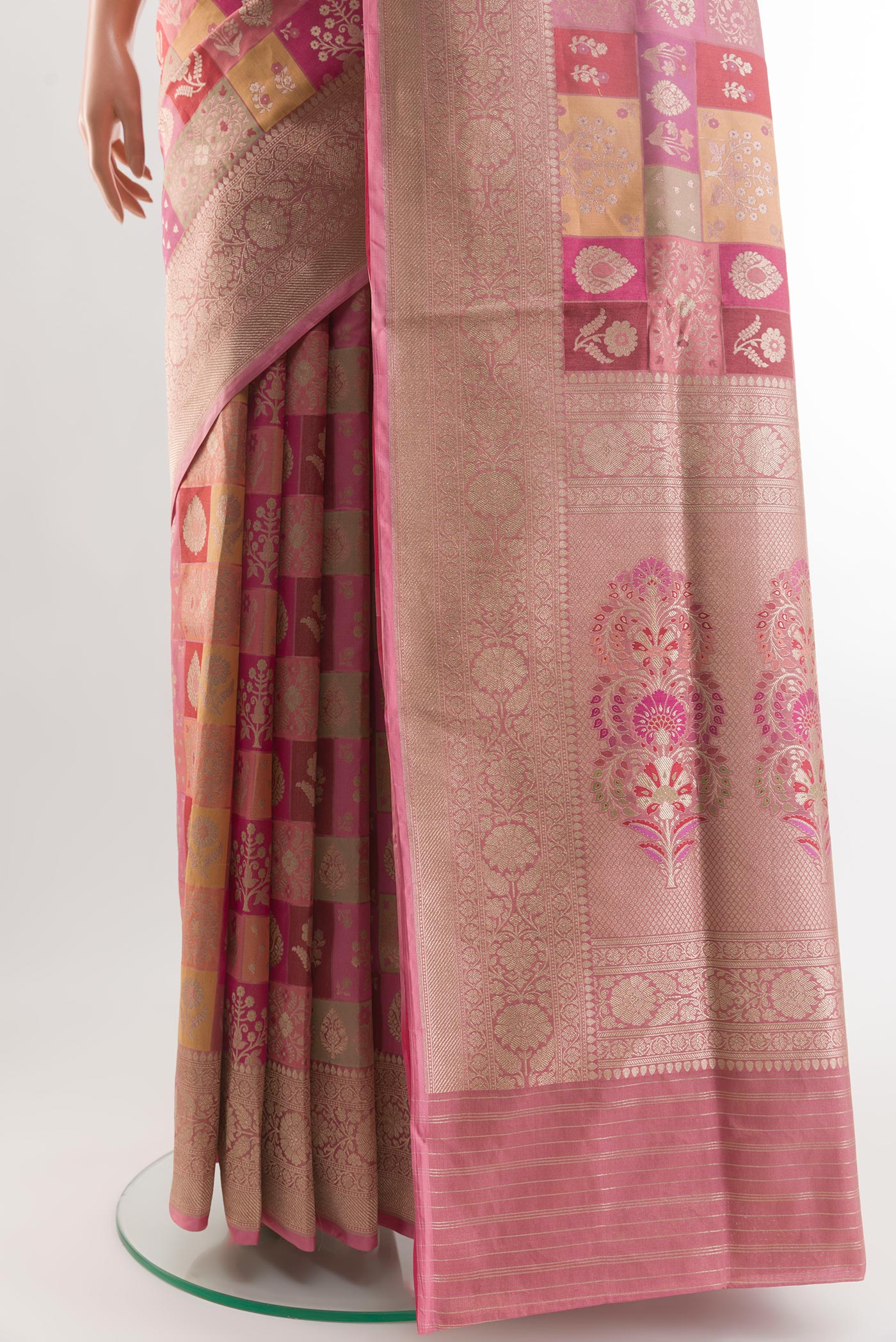 Pleats and pallu of Multi Color Banarasi Silk Saree with Zari Brocade on the body and Zari Border. 