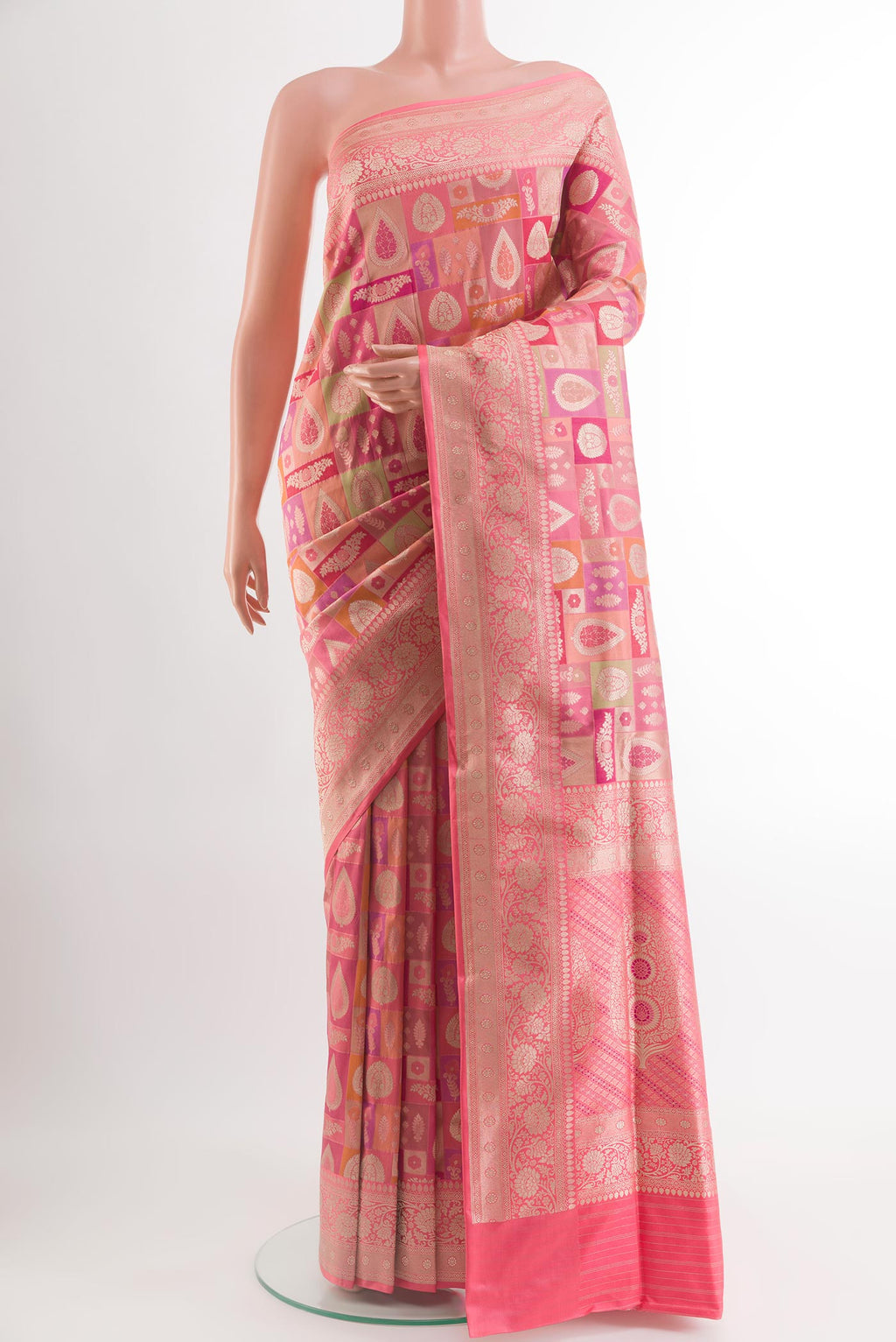 Multi Color Banarasi Silk Saree with Zari Brocade on the body and Zari Border.  displayed on a mannequin