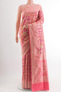 Multi Color Banarasi Silk Saree with Zari Brocade on the body and Zari Border.  displayed on a mannequin