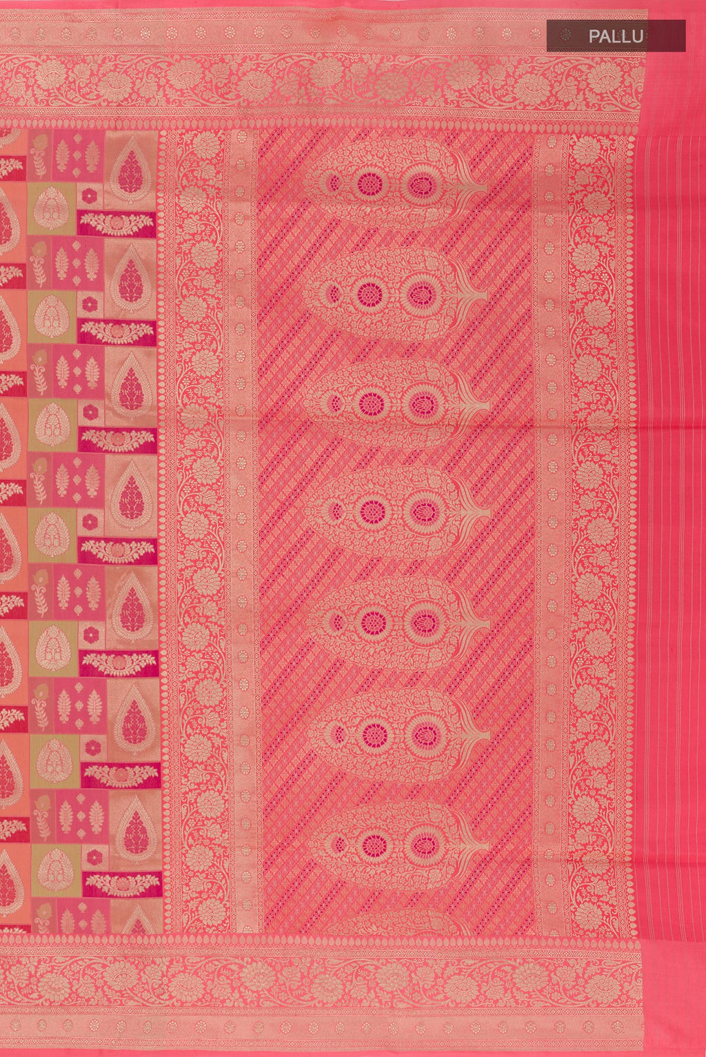 Close up image of the pallu of Multi Color Banarasi Silk Saree with Zari Brocade on the body and Zari Border. 