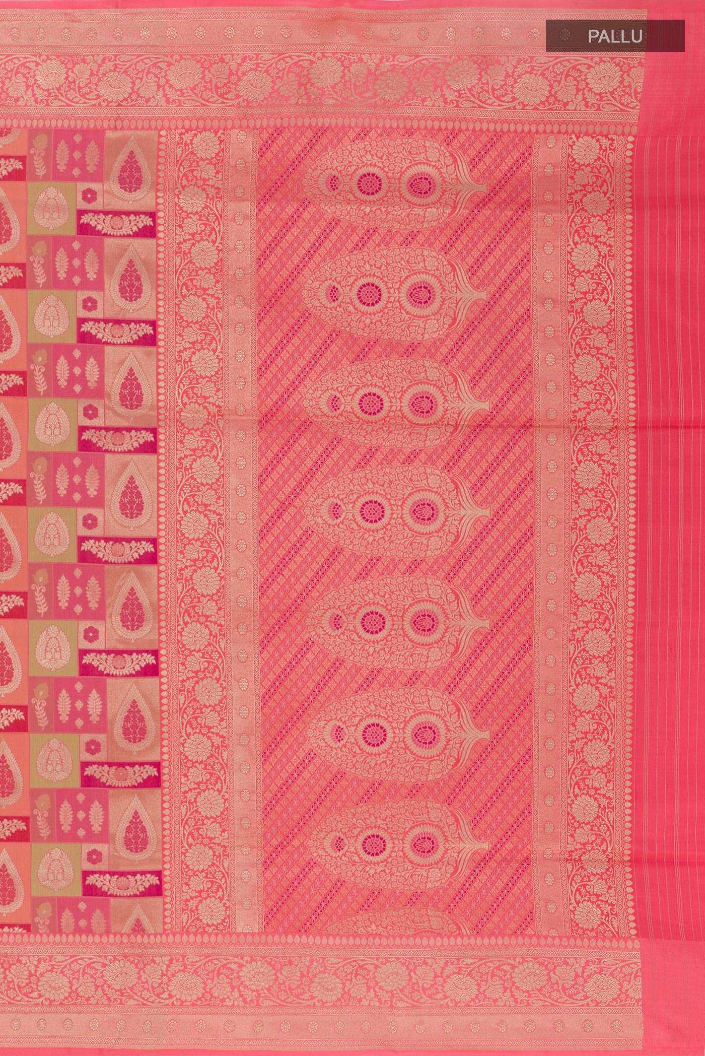 Close up image of the pallu of Multi Color Banarasi Silk Saree with Zari Brocade on the body and Zari Border. 