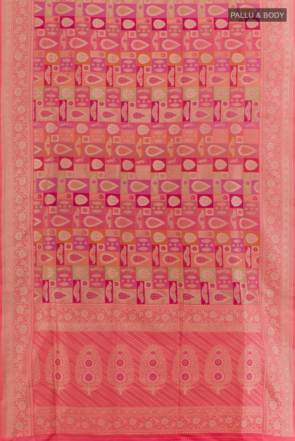 Flat view of Multi Color Banarasi Silk Saree with Zari Brocade on the body and Zari Border. 