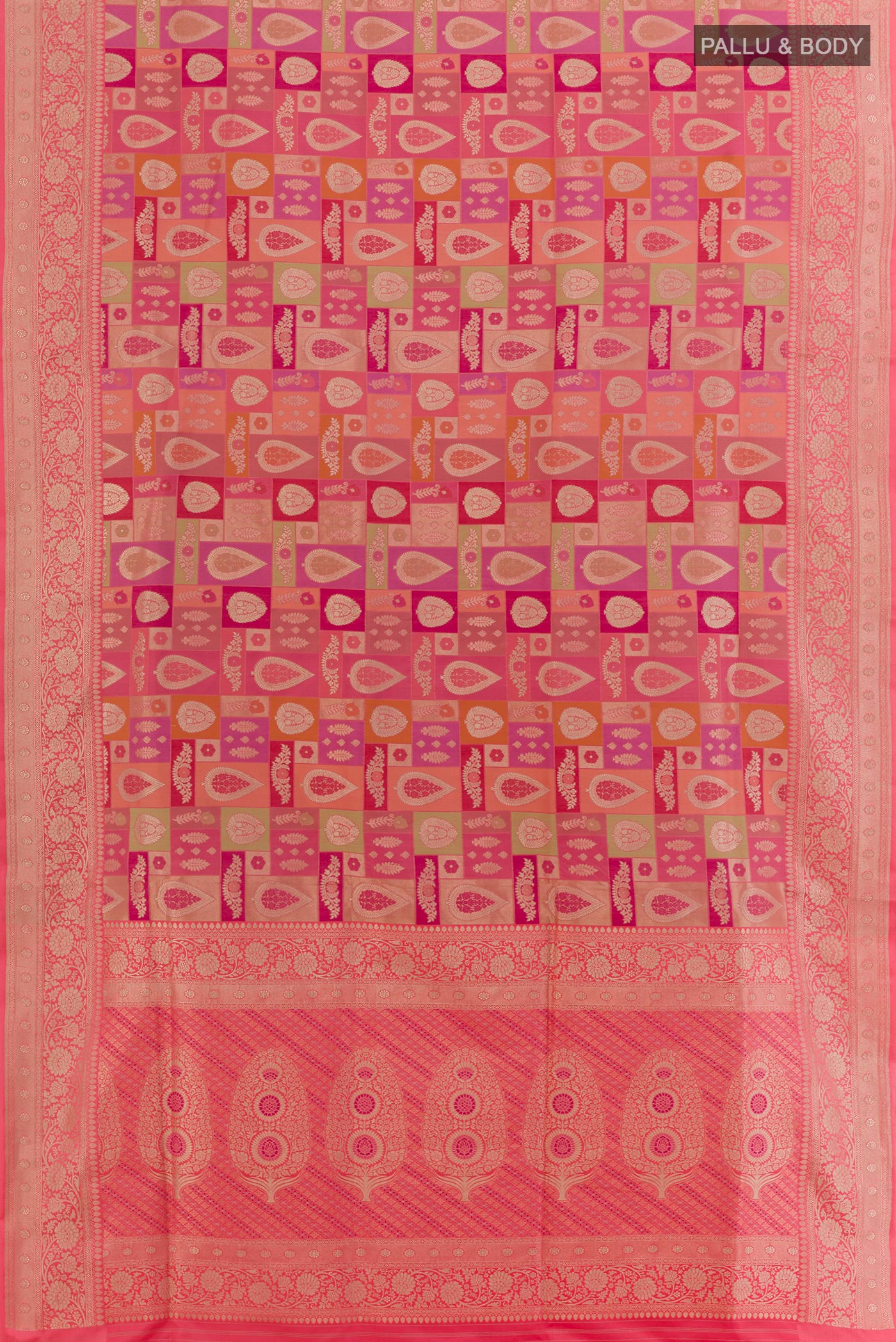 Flat view of Multi Color Banarasi Silk Saree with Zari Brocade on the body and Zari Border. 