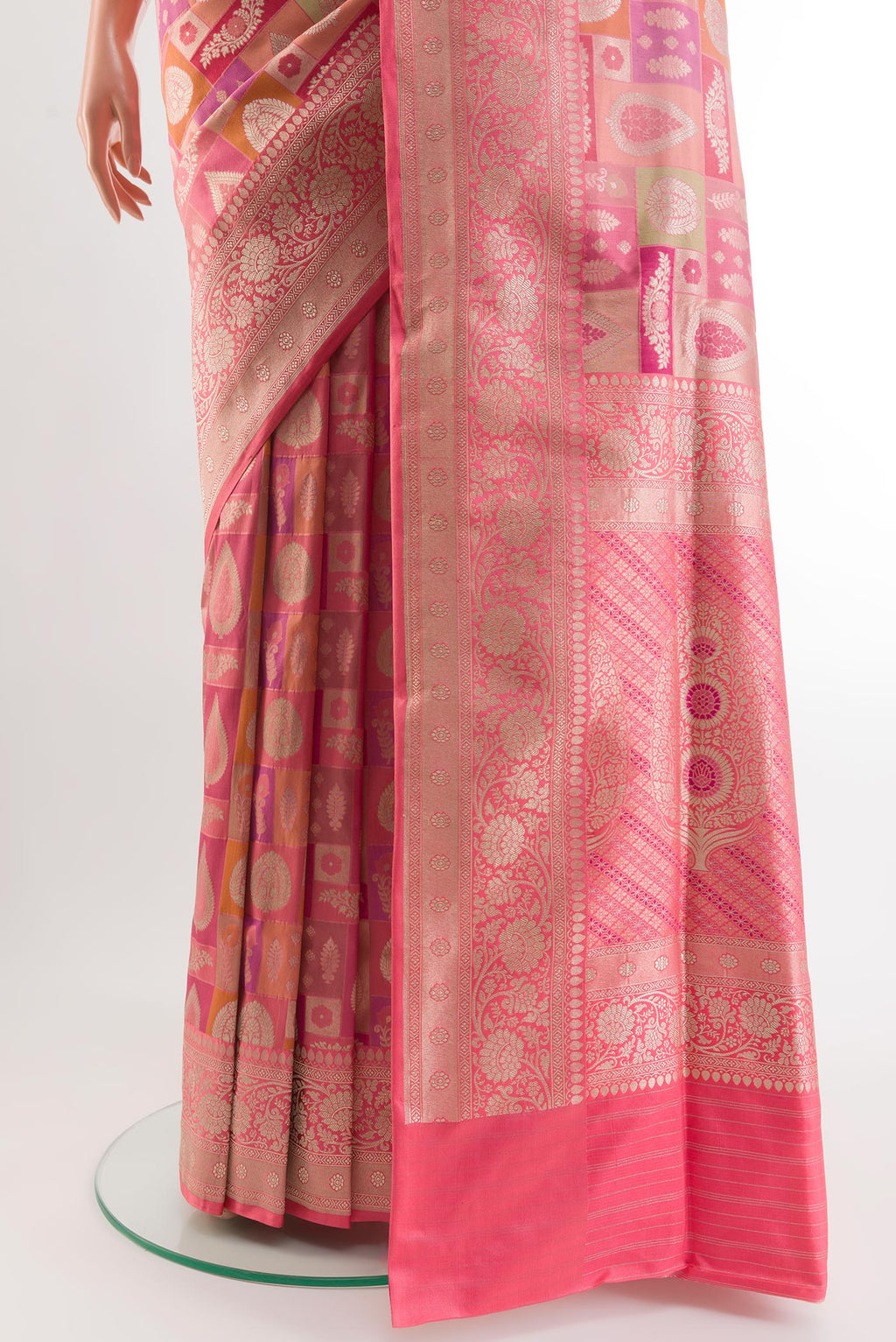 Pleats and pallu of Multi Color Banarasi Silk Saree with Zari Brocade on the body and Zari Border. 