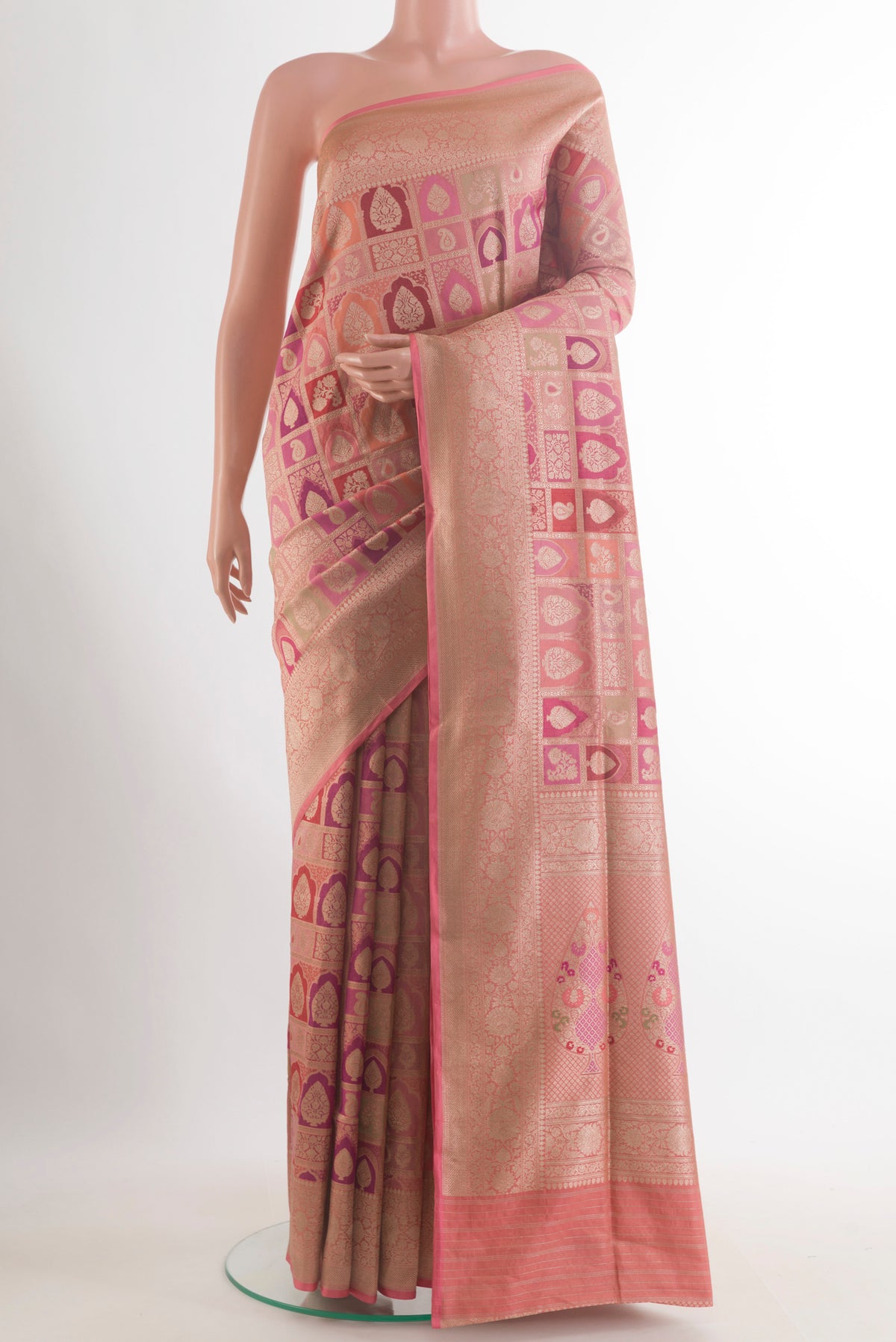 Pure Silk Multi Color Banarasi Saree with Zari Brocade on the body and Zari Border.  displayed on a mannequin