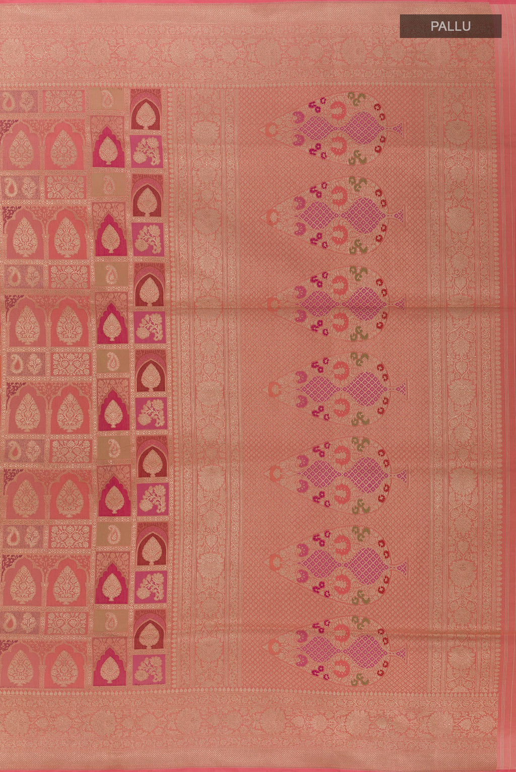 Close up image of the pallu of Pure Silk Multi Color Banarasi Saree with Zari Brocade on the body and Zari Border. 