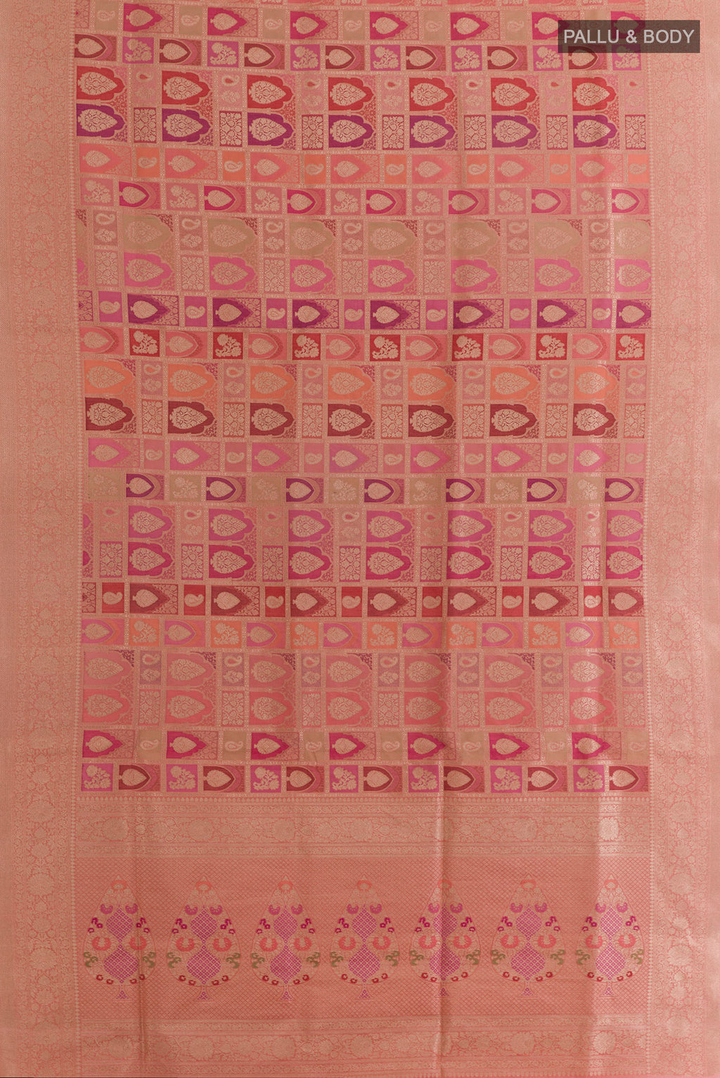 Flat view of Pure Silk Multi Color Banarasi Saree with Zari Brocade on the body and Zari Border. 