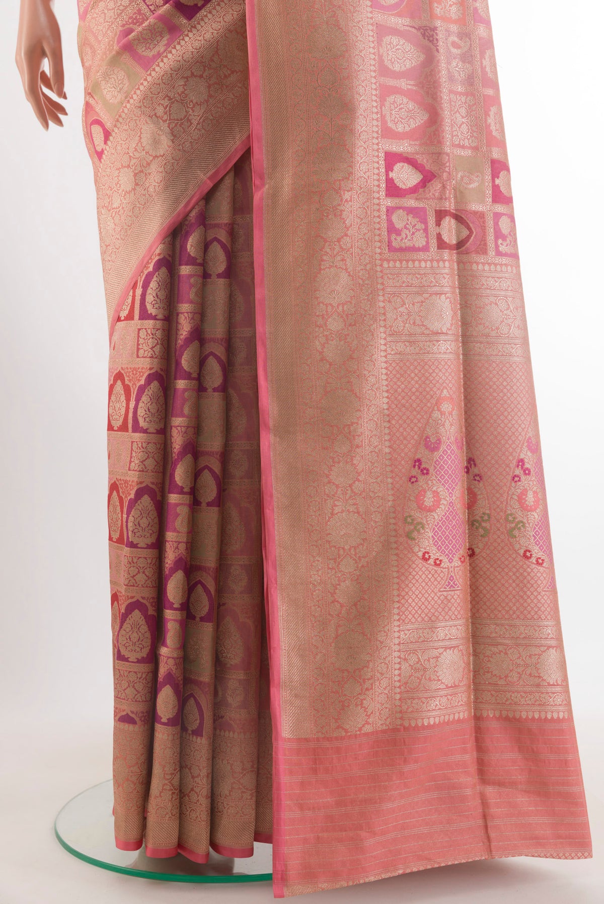 Pleats and pallu of Pure Silk Multi Color Banarasi Saree with Zari Brocade on the body and Zari Border. 