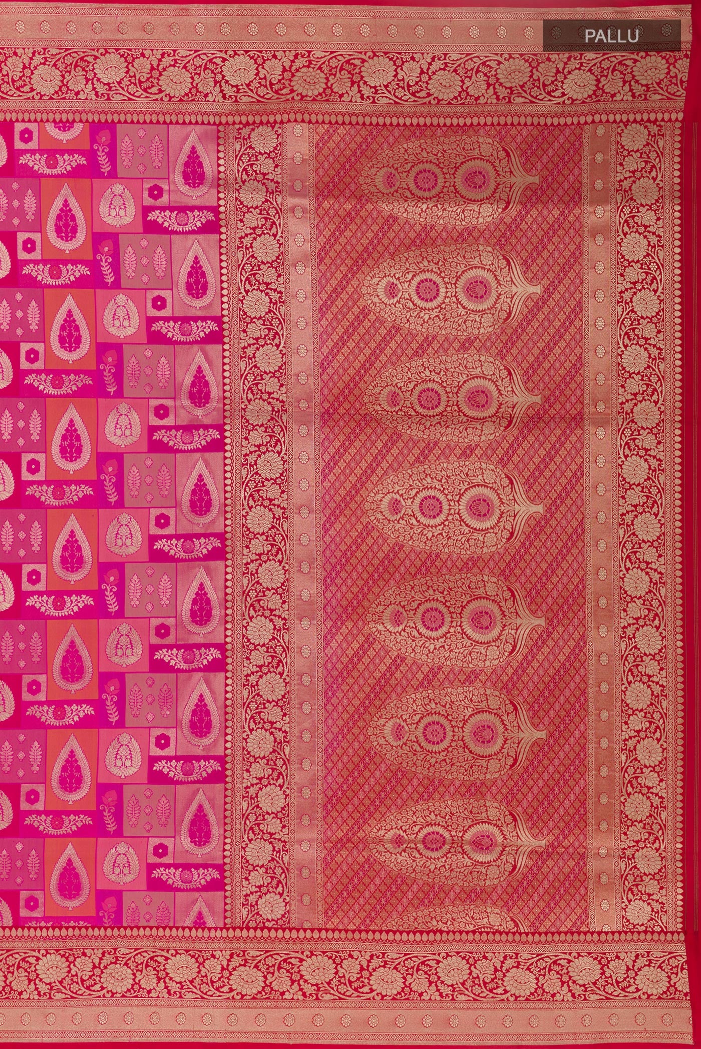 Close up image of the pallu of Rani Pink Banarasi Silk Saree with Zari Brocade on the body and Zari Border. 