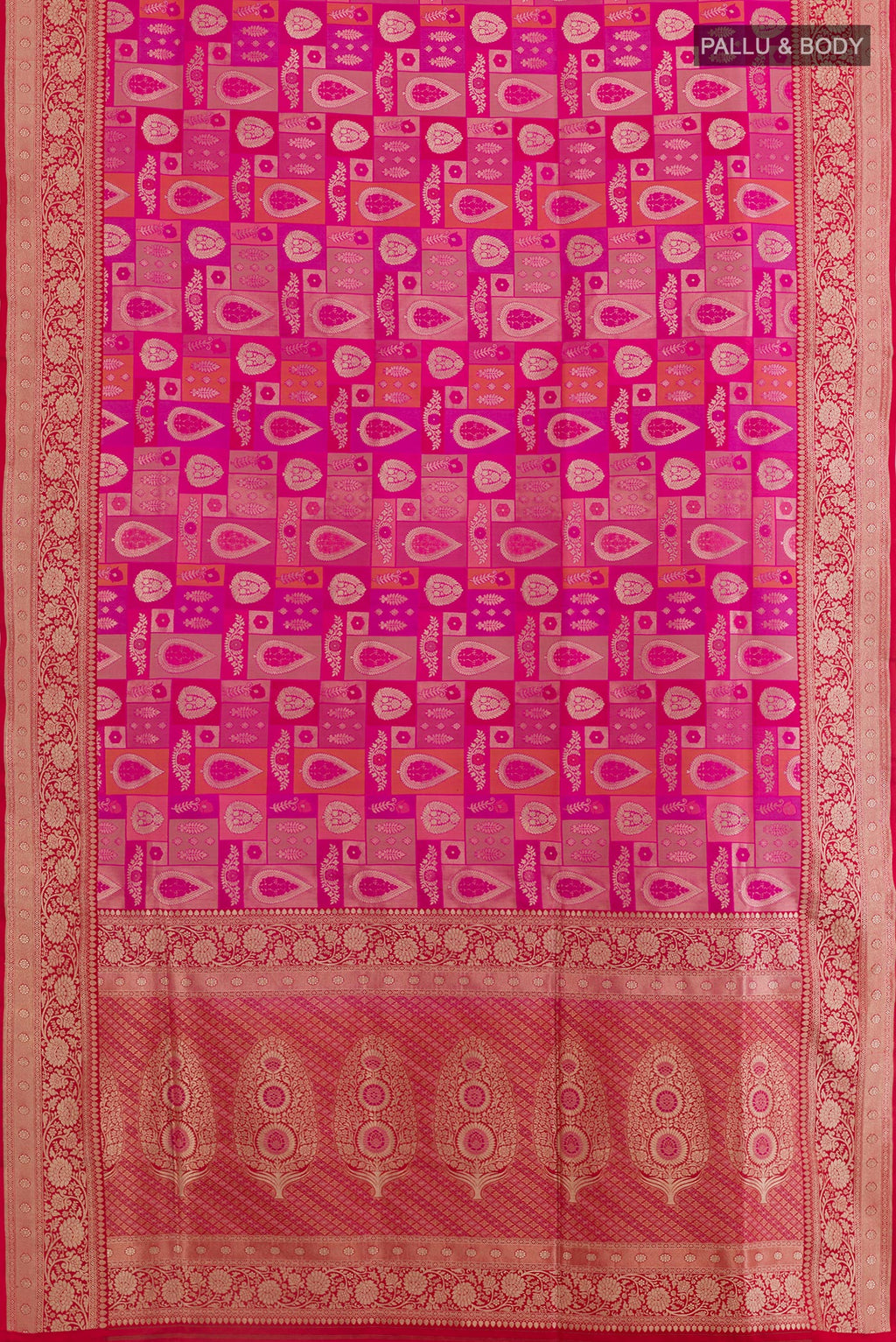 Flat view of Rani Pink Banarasi Silk Saree with Zari Brocade on the body and Zari Border. 
