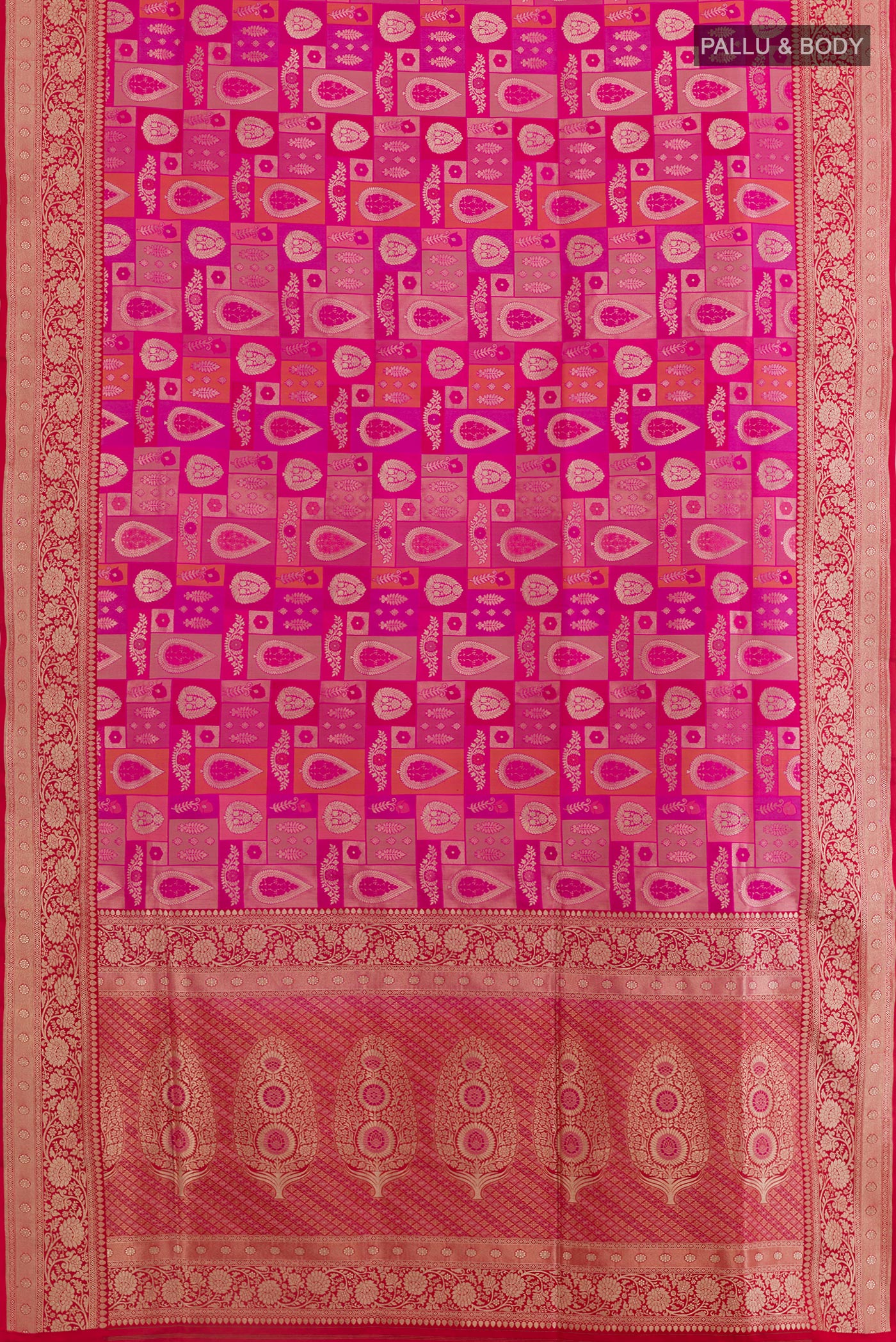 Flat view of Rani Pink Banarasi Silk Saree with Zari Brocade on the body and Zari Border. 