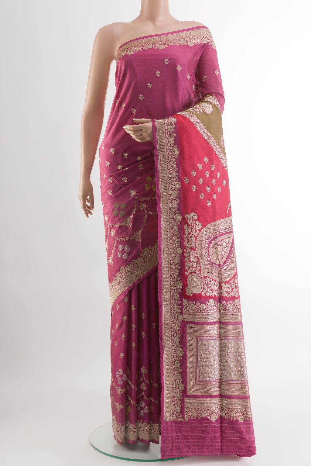 Purple Banarasi Silk Saree with Zari Butta on the body and Zari Border.  displayed on a mannequin