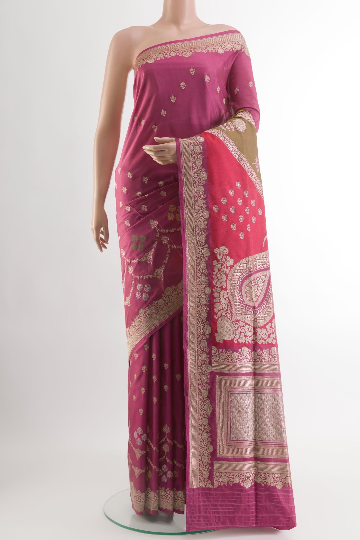 Purple Banarasi Silk Saree with Zari Butta on the body and Zari Border.  displayed on a mannequin
