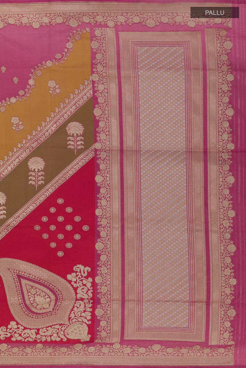 Close up image of the pallu of Purple Banarasi Silk Saree with Zari Butta on the body and Zari Border. 