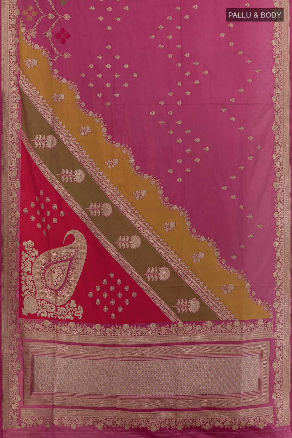 Flat view of Purple Banarasi Silk Saree with Zari Butta on the body and Zari Border. 