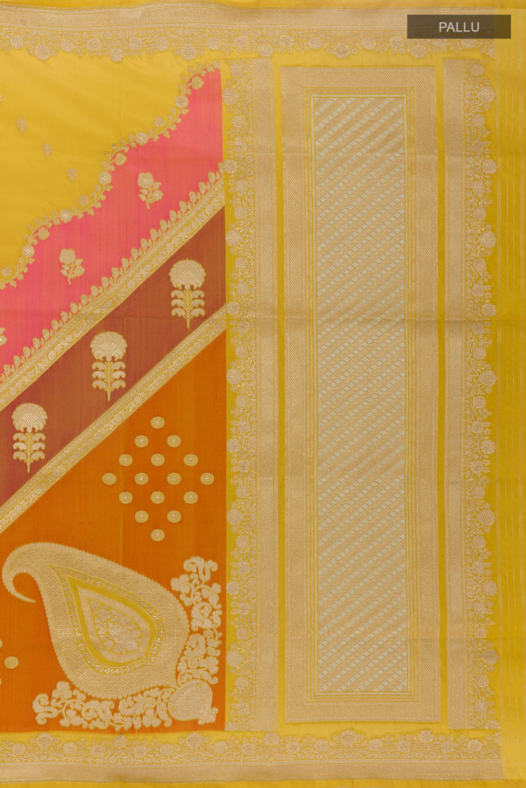 Close up image of the pallu of Yellow Banarasi Silk Saree with Zari Butta on the body and Zari Border. 