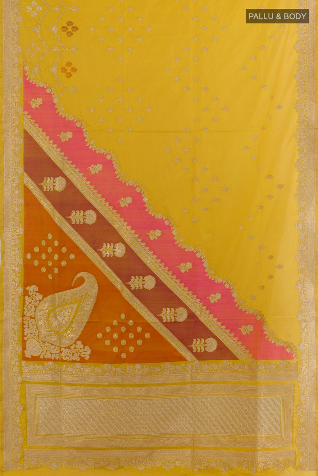 Flat view of Yellow Banarasi Silk Saree with Zari Butta on the body and Zari Border. 