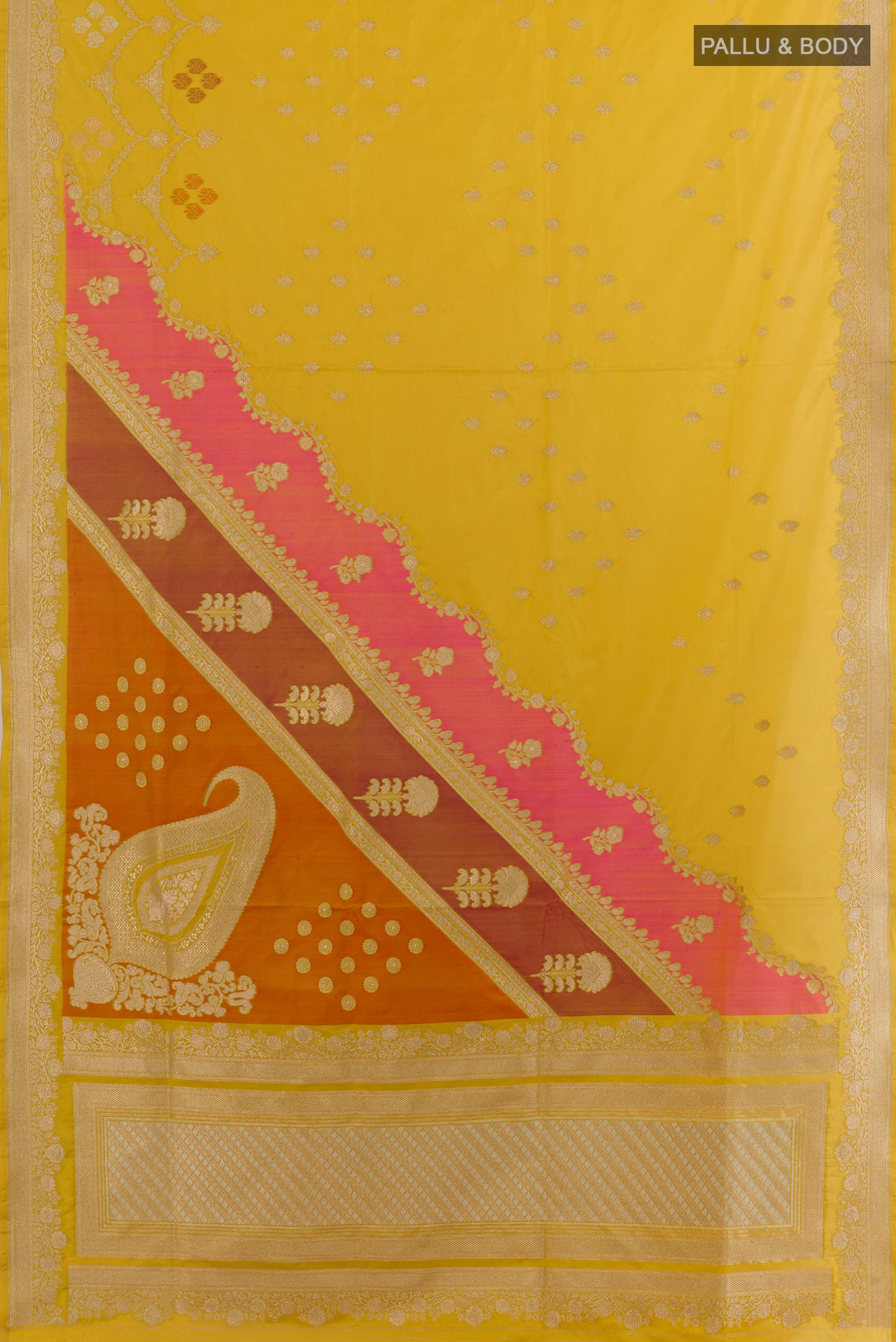 Flat view of Yellow Banarasi Silk Saree with Zari Butta on the body and Zari Border. 