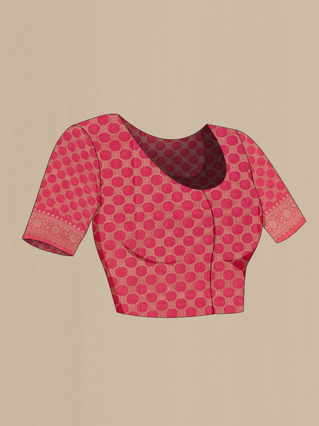 Close up image of the blouse of Pink Banarasi Silk Saree with Zari Brocade on the body and Zari Border. 