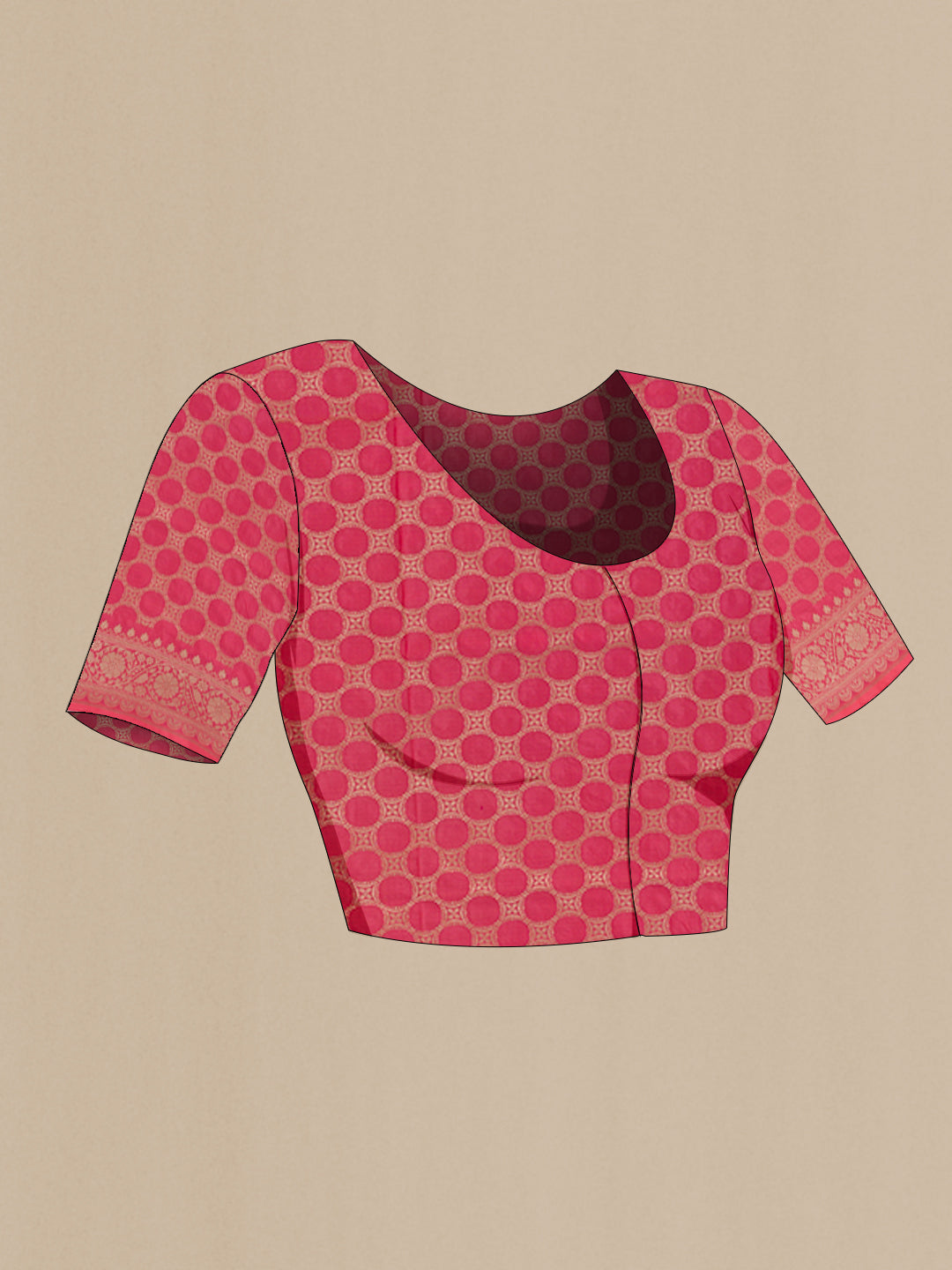 Close up image of the blouse of Pink Banarasi Silk Saree with Zari Brocade on the body and Zari Border. 