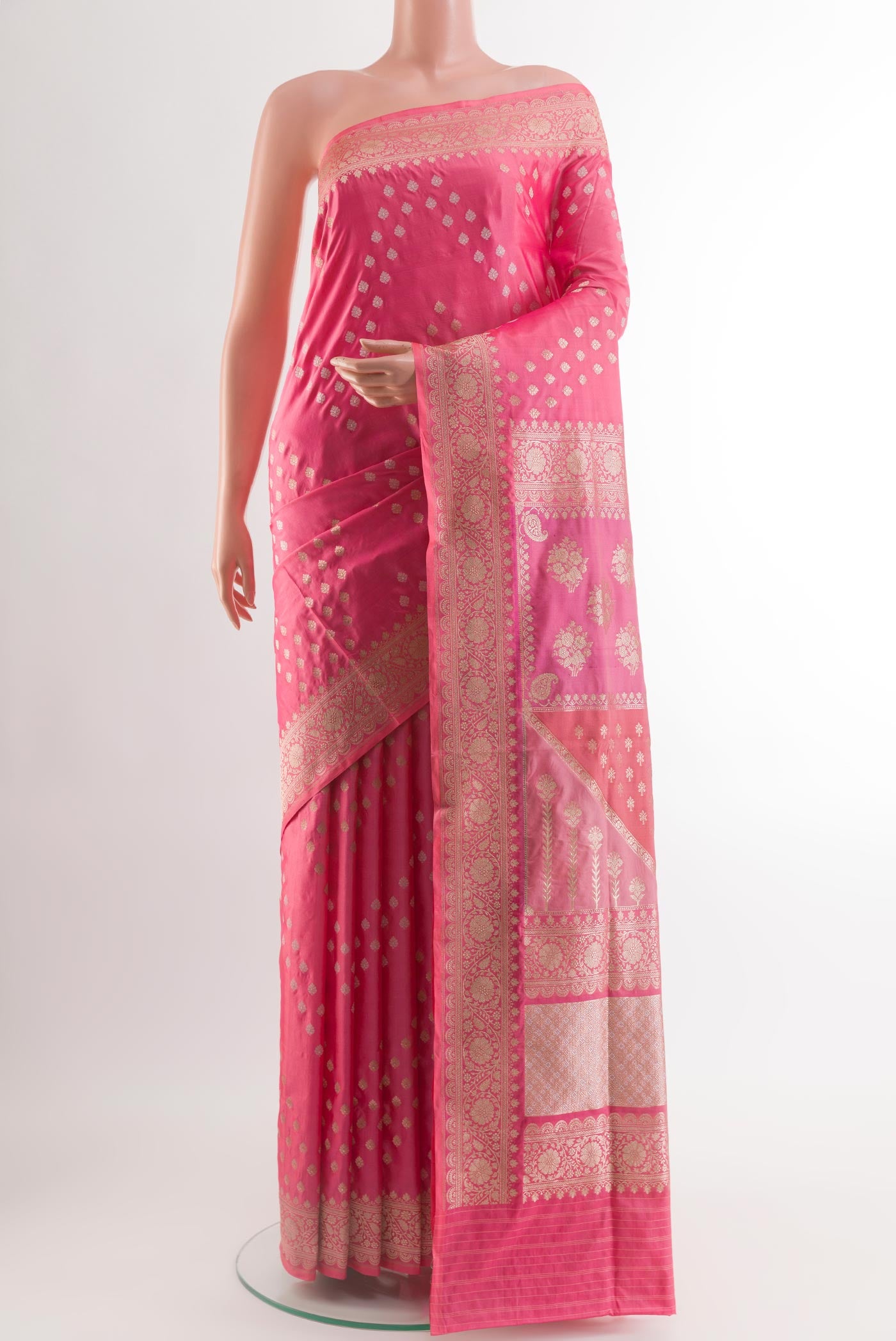 Pink Banarasi Silk Saree with Zari Brocade on the body and Zari Border.  displayed on a mannequin